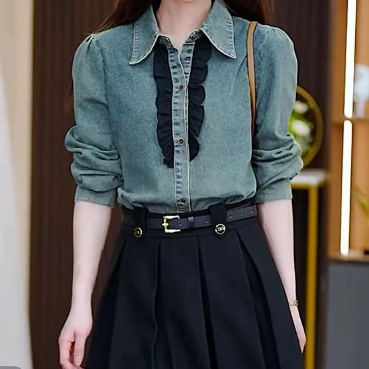 【艾萱萱】2405款复古蓝色洋气显瘦上衣牛仔衬衣潮 约64