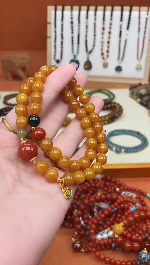 手链蜜蜡未镶嵌双圈蜜蜡和田南红手串