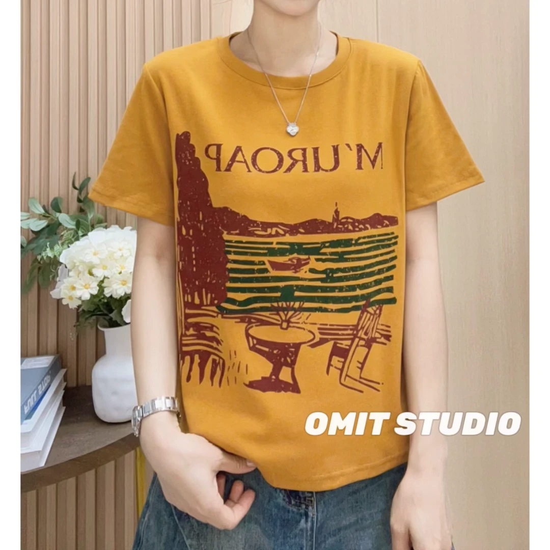 【南瓜T】新款正肩弹力棉透气印花韩版修身常规短袖