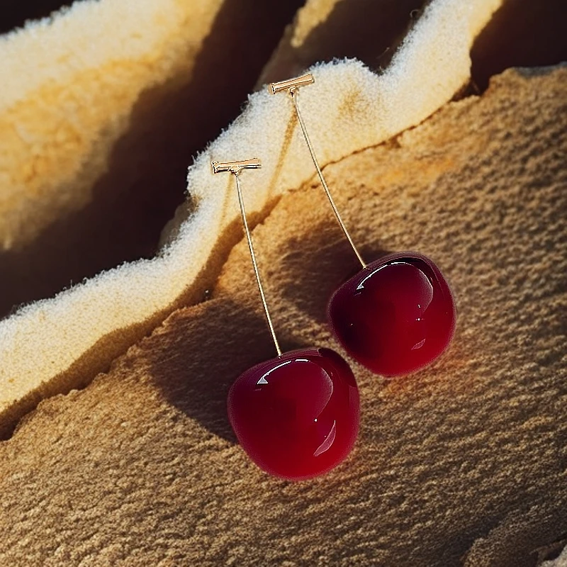 铜合金耳饰 红色耳环时尚樱桃气质复古耳坠可爱长款甜美个性耳饰