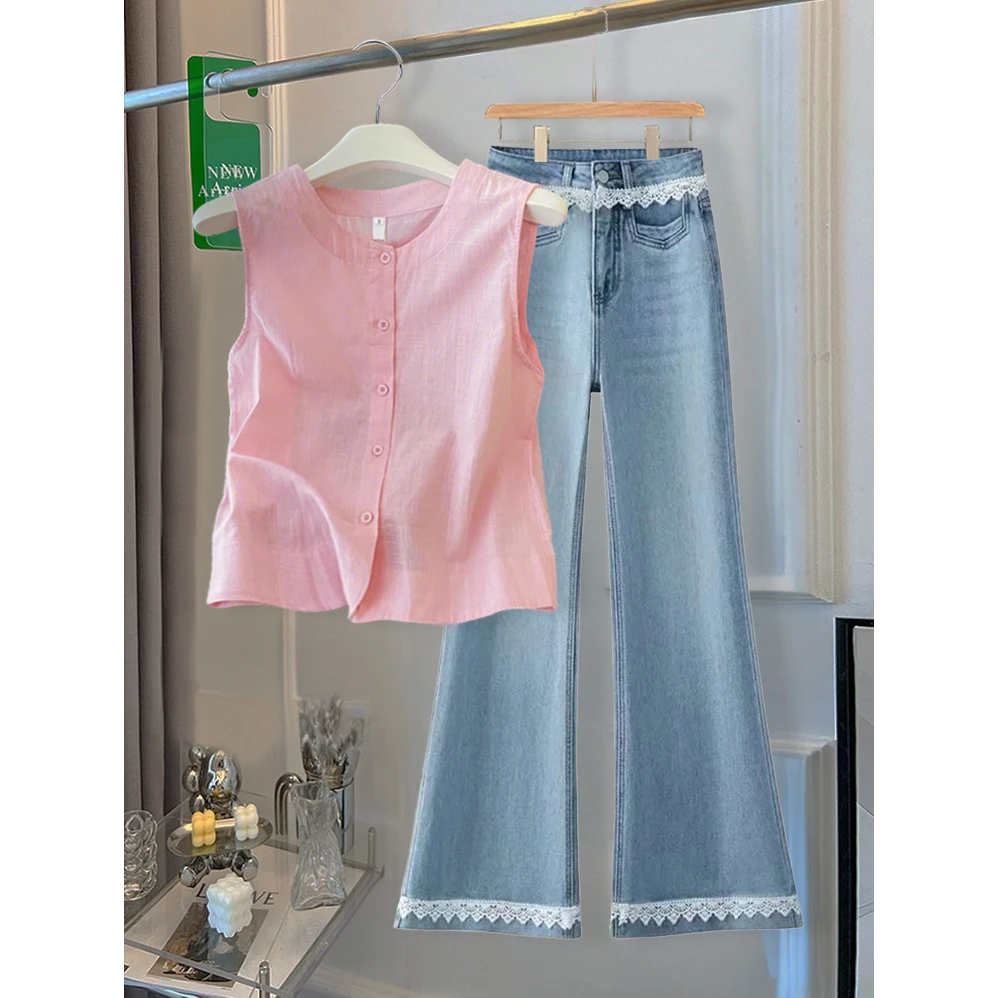 时尚气质套装女2025新款夏季高级设计感无袖背心微喇牛仔裤两件套