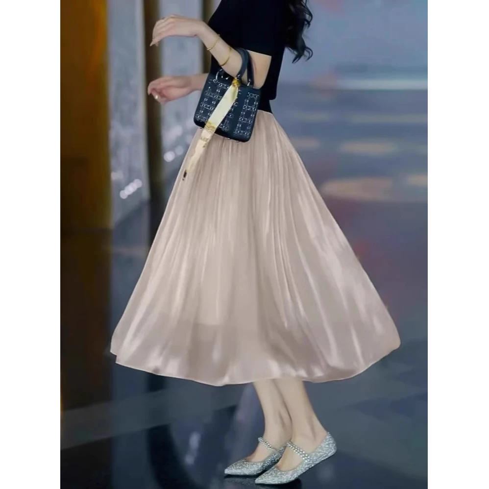 芊芊芙流光纱半身裙女夏季2025薄款a字裙仙气飘飘长裙纱裙百褶裙