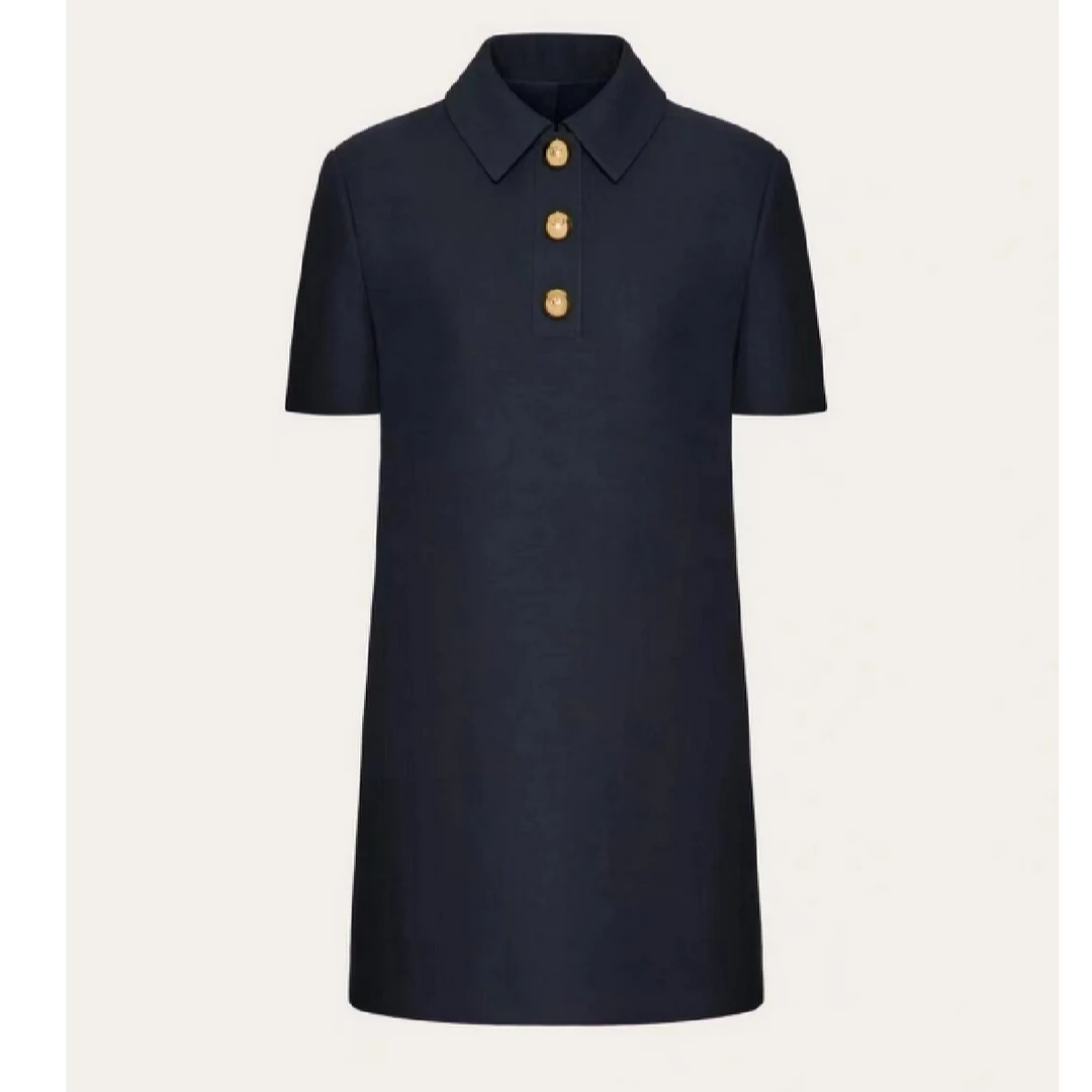 W慕溢-010藏蓝色醋酸金扣连衣裙