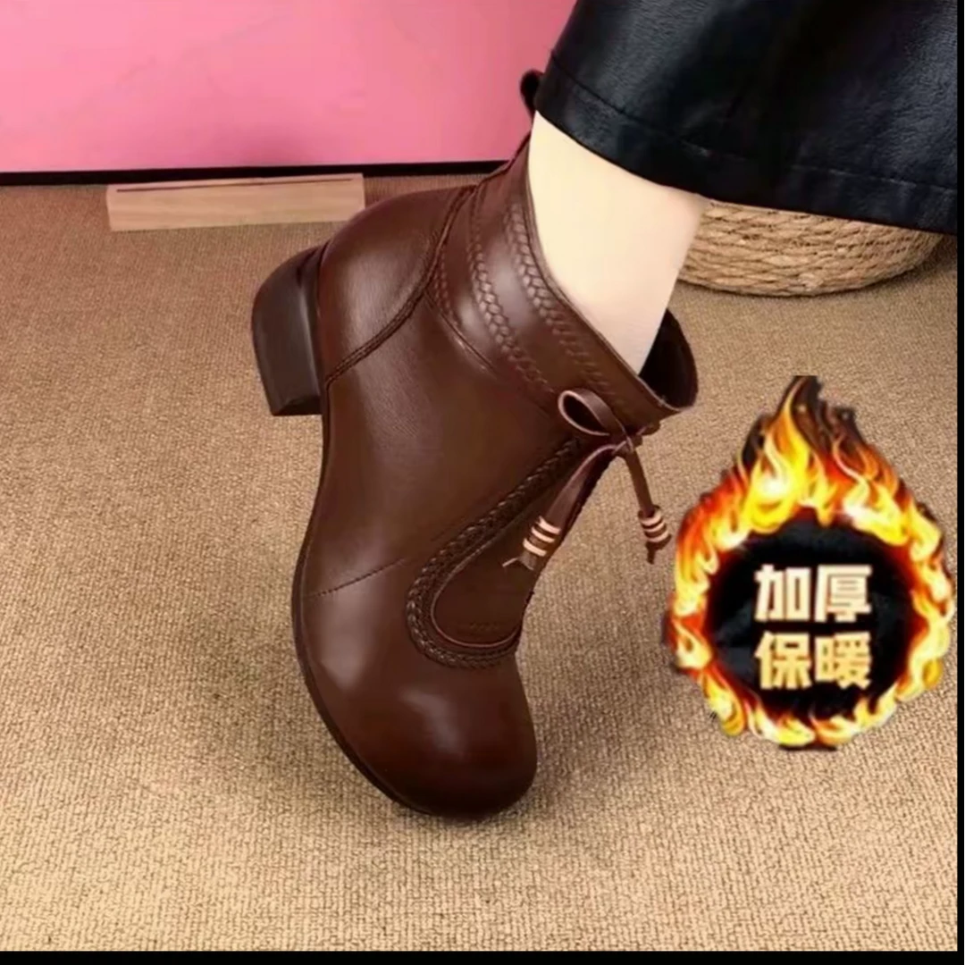 【专柜女鞋】真皮圆头马丁女靴秋冬加绒保暖短靴粗跟厚底时尚单靴