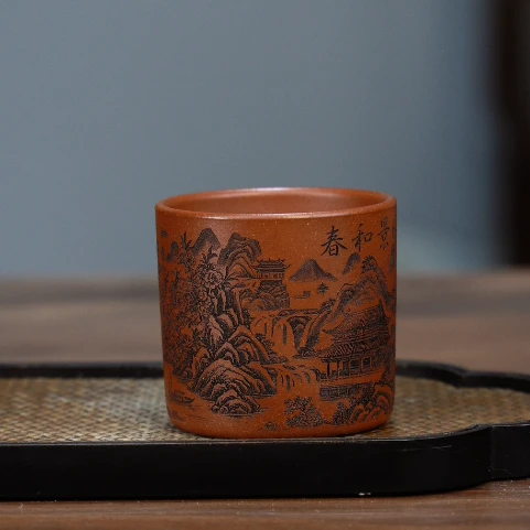 6217 原矿紫砂茶具降坡泥刻绘山水主人杯 150cc左右