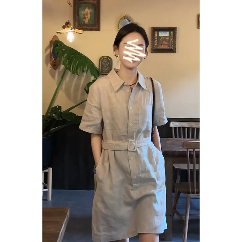 设计感衬衫连衣裙2025夏季新款韩系穿搭翻领短袖收腰显瘦百搭裙子