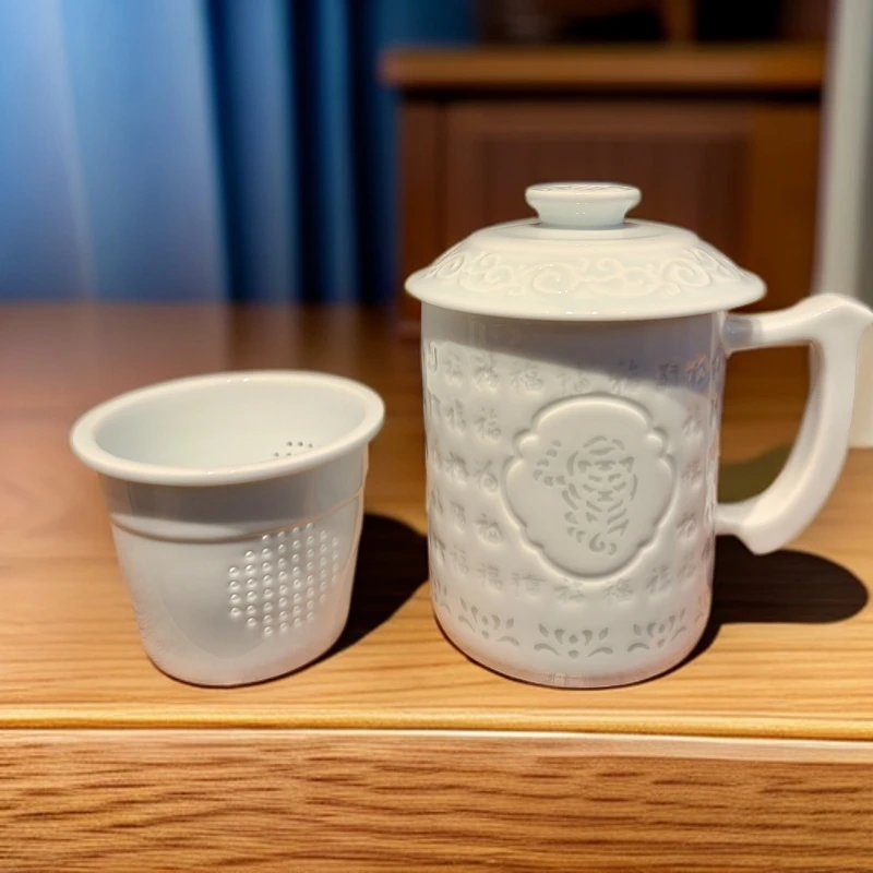 【阿佳旺姆推荐】景德镇青釉玲珑万福茶杯 过滤茶杯手工