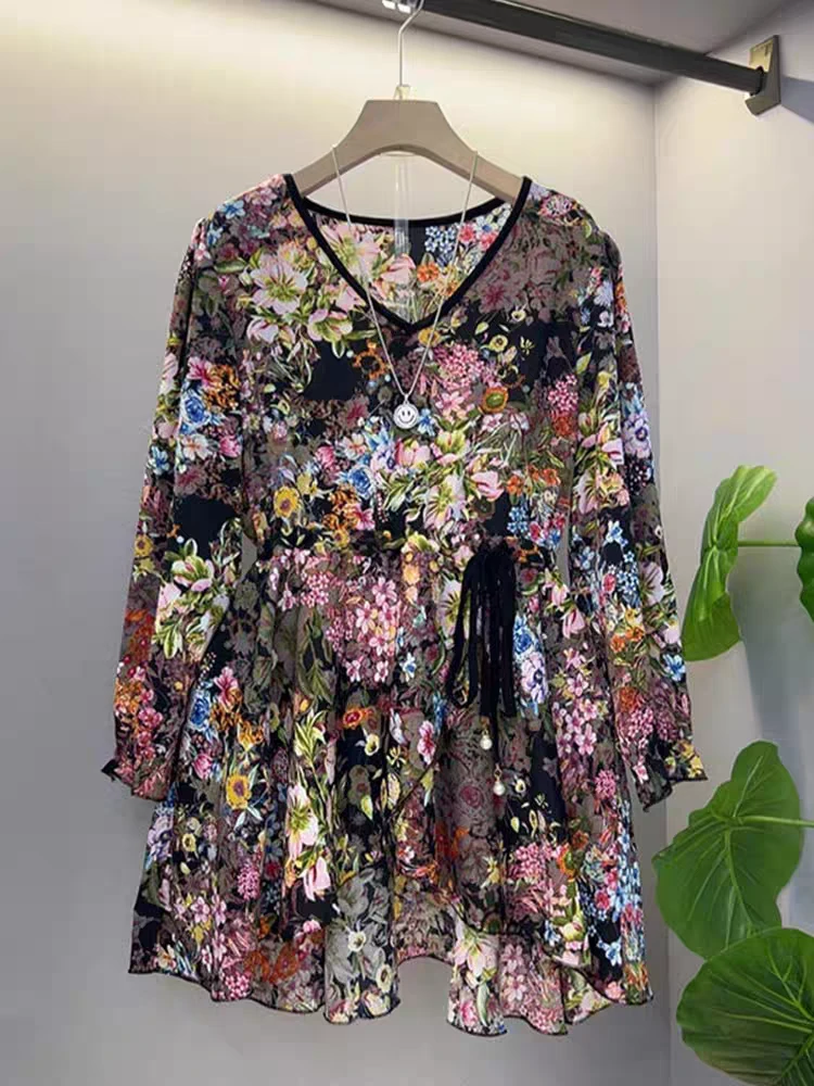 沐沐家早春新款打底衫新款气质减龄腰抽绳前短后长荷叶袖显瘦上衣