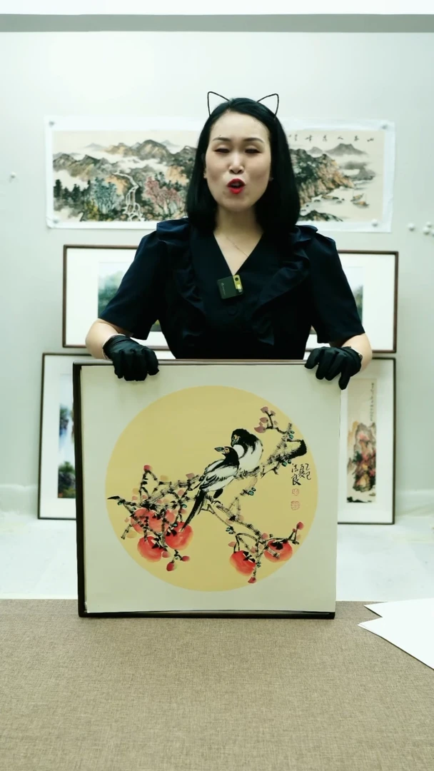 国画52*52李法良手绘花鸟带框