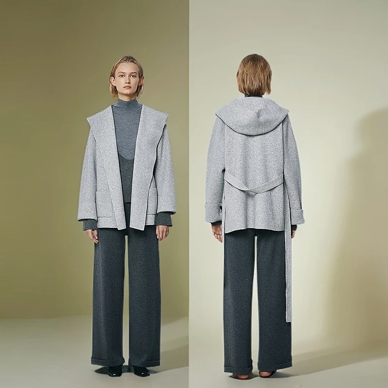 【绵羊毛】羊织道苍兰 灰色缩绒连帽针织衫2024冬新款外套女