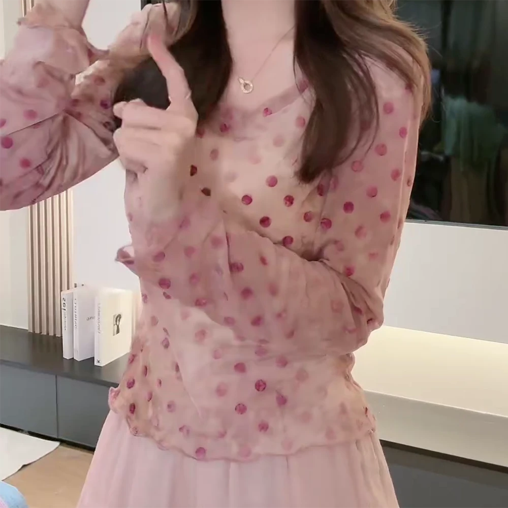 百搭打底圆领洋气微透设计感时尚波点小衫修身显瘦凉感长袖上衣