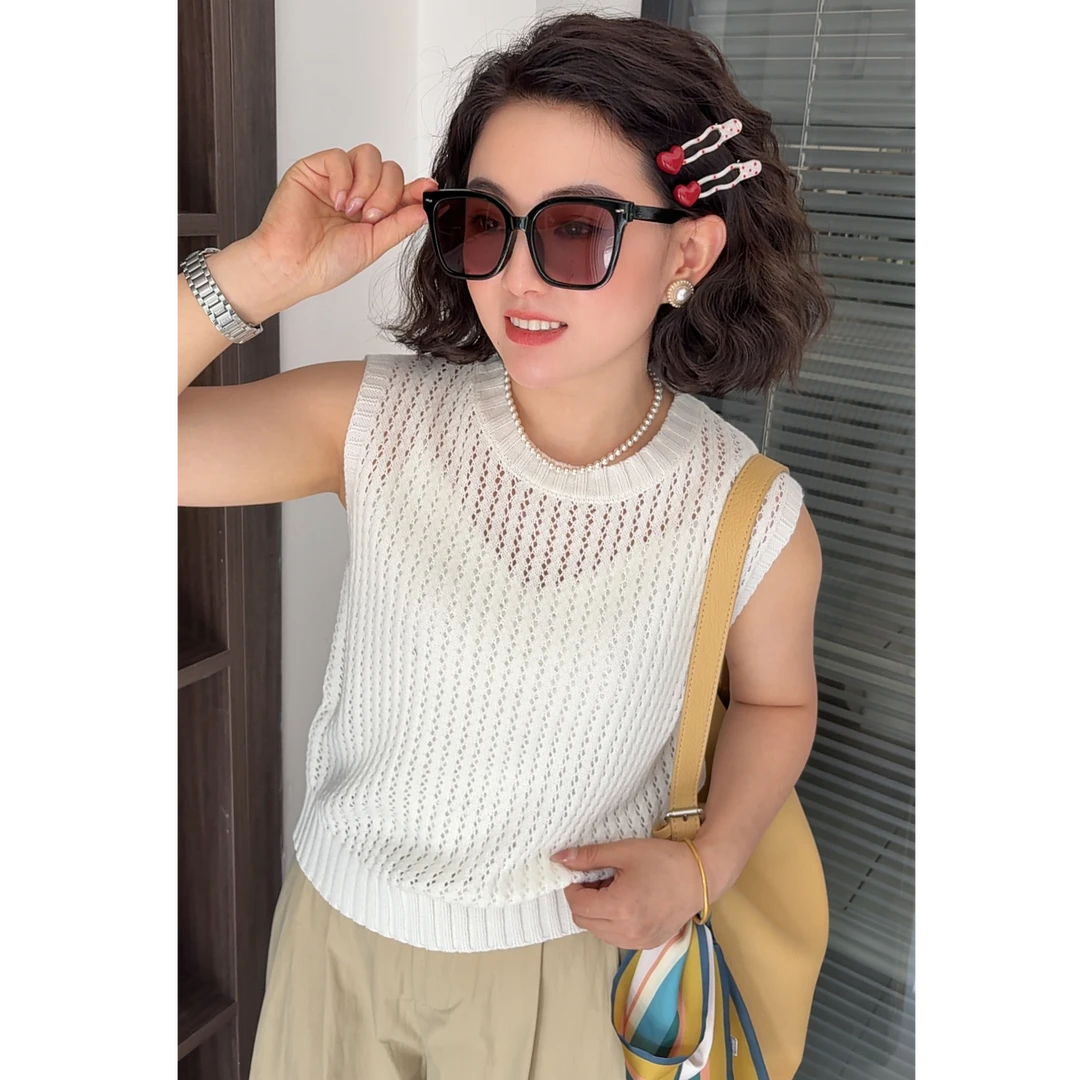 5028 夏季镂空无袖针织背心女百搭外穿圆领简约纯色显瘦上衣马甲