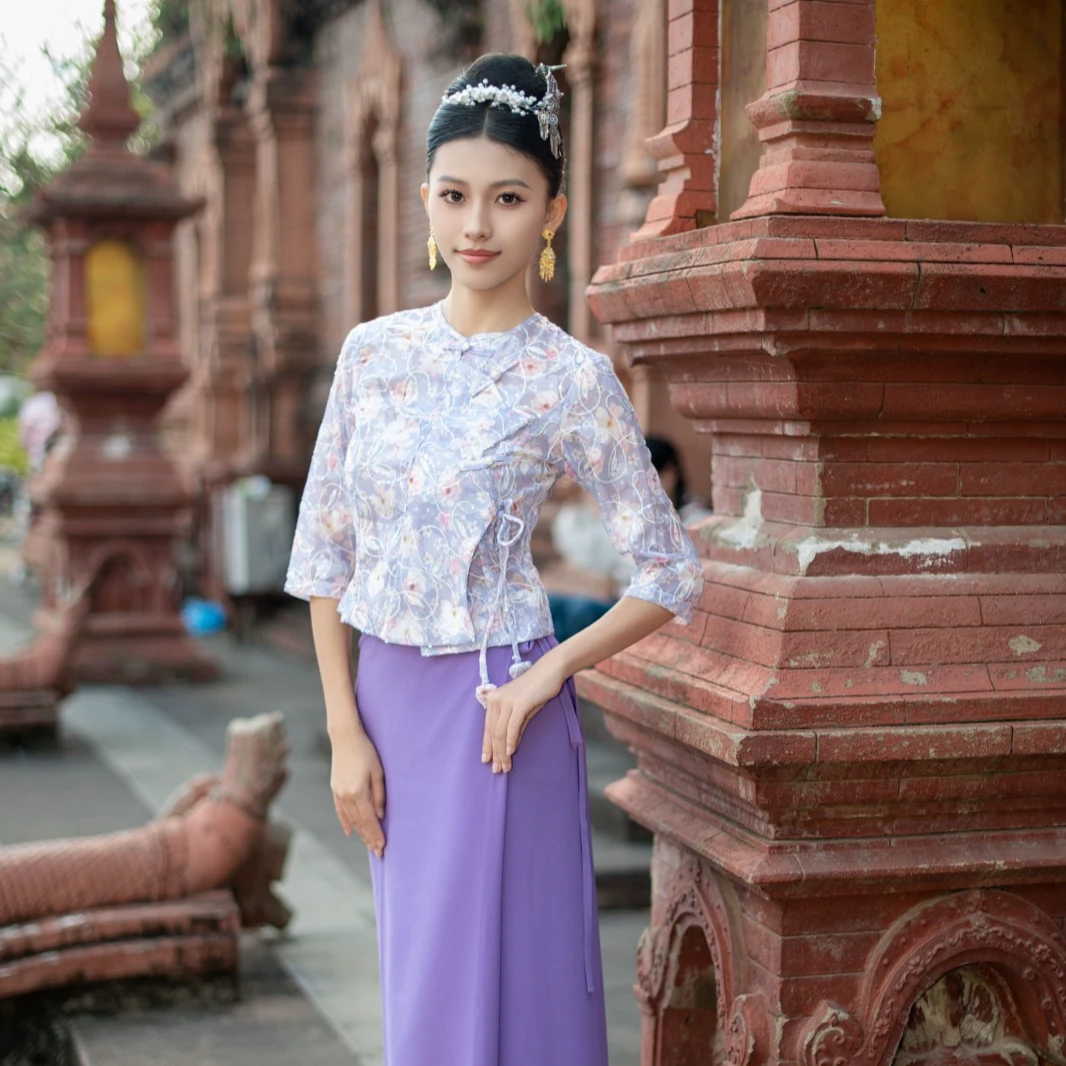 泰锦西双版纳传统傣族春夏新款中式民族风紫色裙子薄款跳舞茶服装