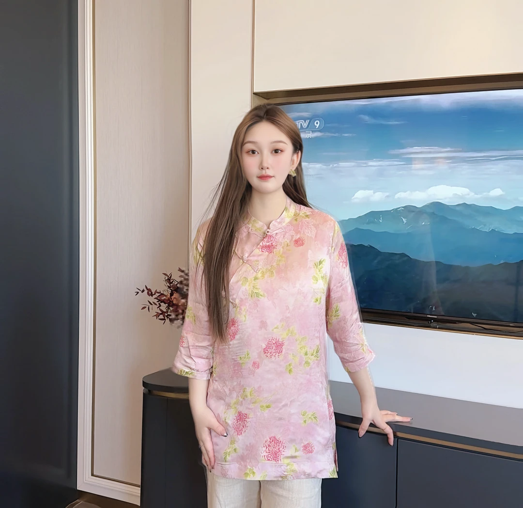 【鑫源阁】春夏新款粉黛佳人新中式国风斜襟中袖上衣