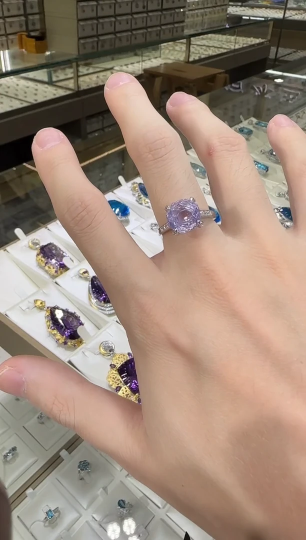 银S925镶嵌戒指水晶薰衣草9mm