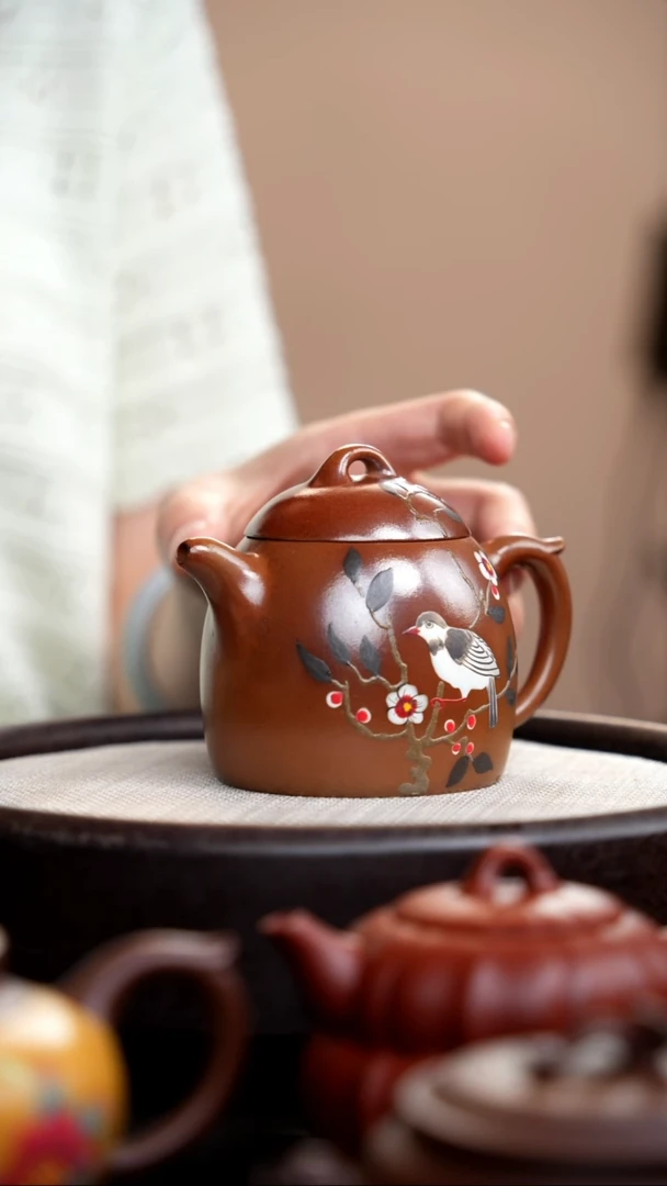 茶壶紫砂柴烧落釉秦权泥绘灰鸟006