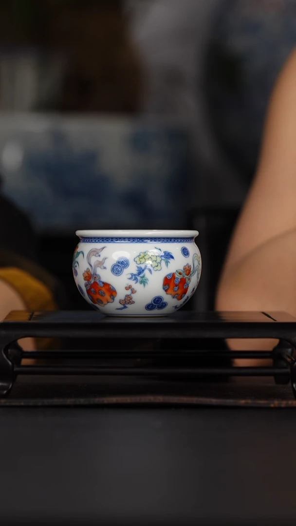 涂杏花斗彩钱袋子缸杯@@TXH432