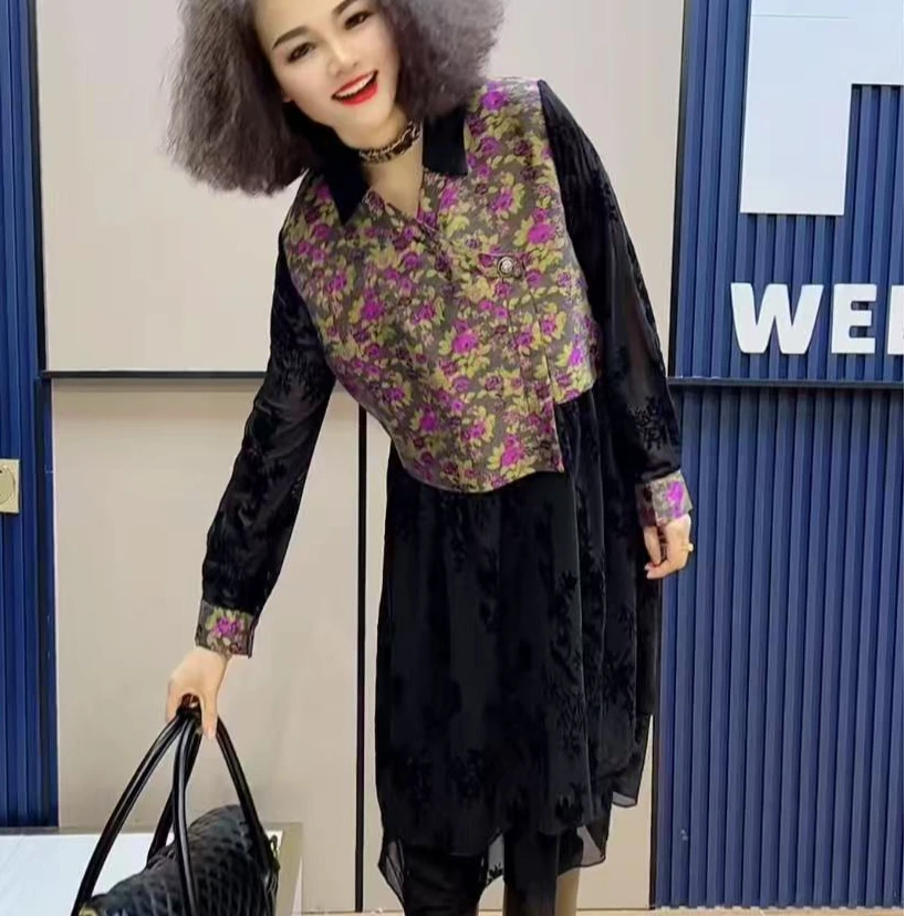 清新碎花网纱拼接假两件连衣裙