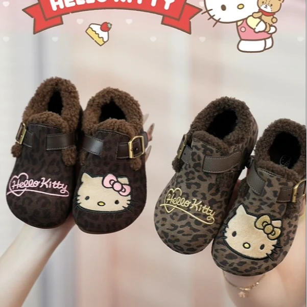 HELLO KITTY/凯蒂猫秋冬新款豹纹刺绣儿童勃肯加绒毛毛鞋保暖童鞋