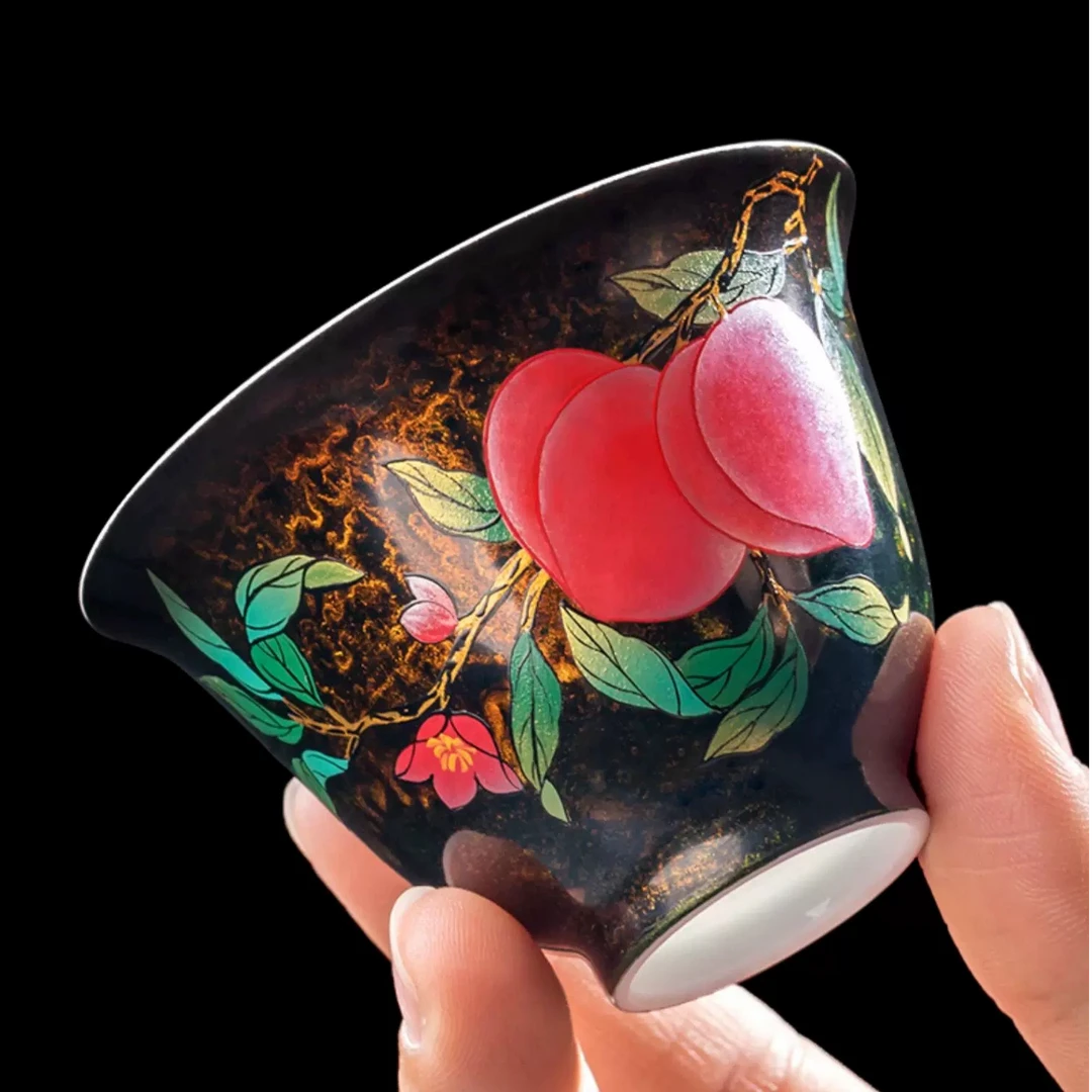 非遗大漆手绘寿桃具有收藏价值传承经典金边瓷质坚硬精工打造茶杯