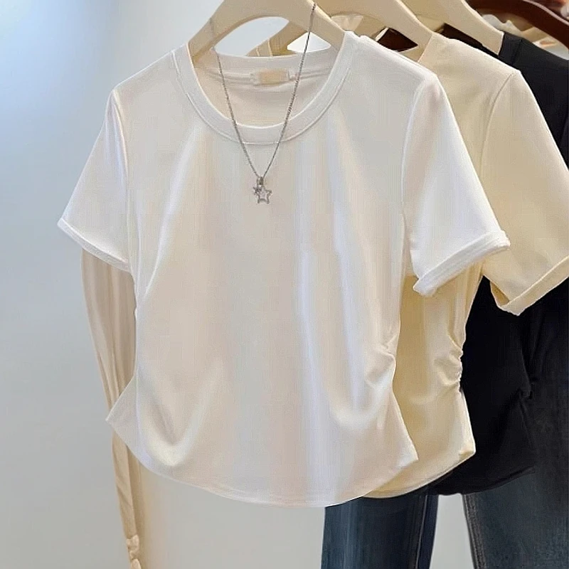 婳娇纯色设计感褶皱收腰显瘦t恤女装2025夏季新款不规则短袖上衣