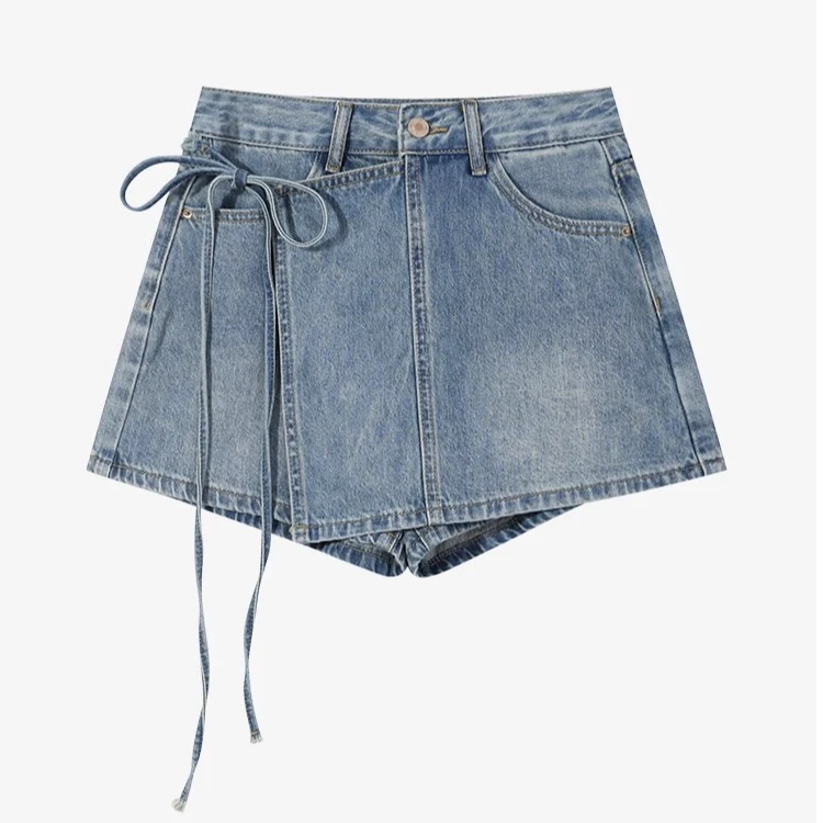 羊城故事-假两件牛仔裙女夏季蝴蝶结绑带假两件裙裤裙子7203