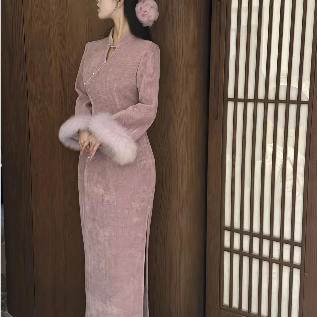 LHMknk1画报夫人原创自制秋冬款温柔浅紫色显瘦秋冬款旗袍 伊人紫