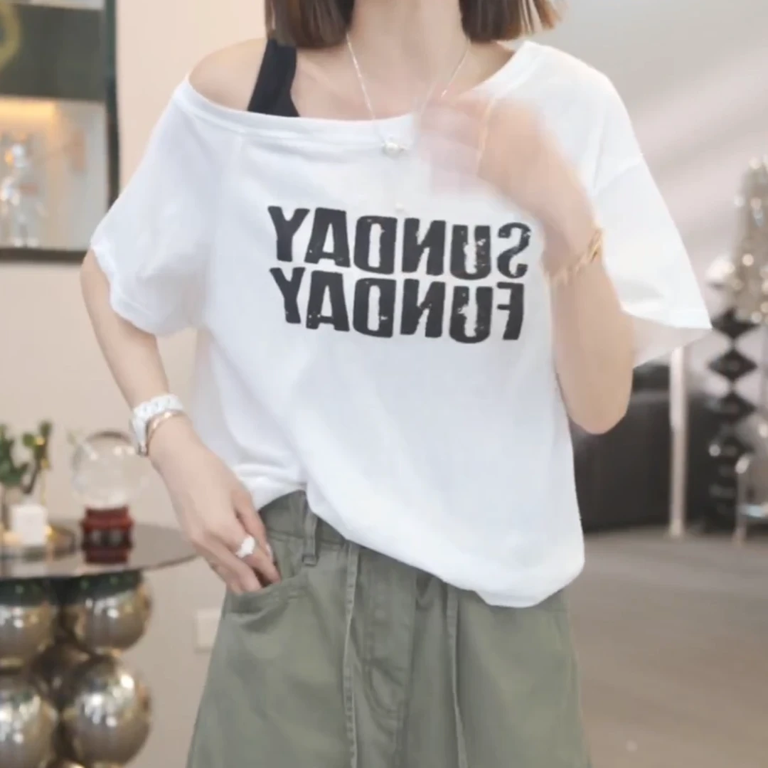 时尚休闲气质短袖T恤女2025夏季新款休闲宽松显瘦上衣设计感百搭