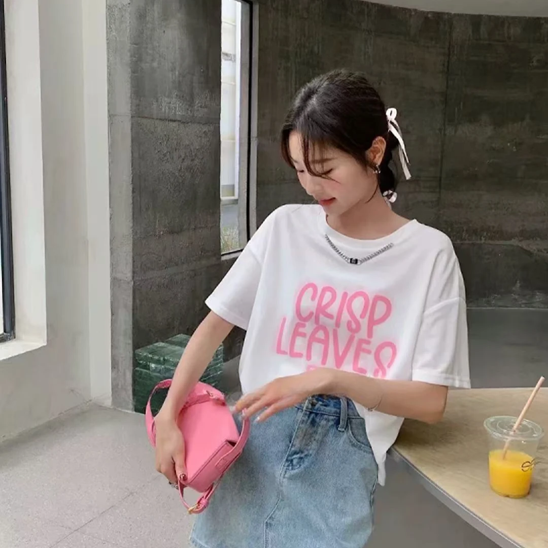 【晨浠定制】新款时尚百搭链条后开叉T恤2829