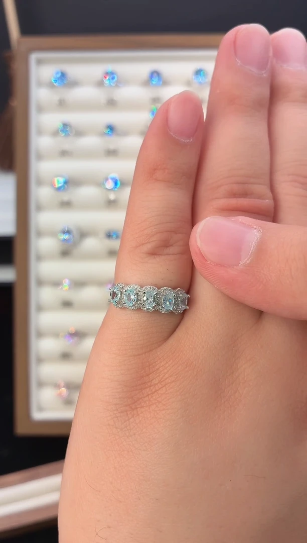 银S925镶嵌戒圈海蓝宝石123456天空蓝