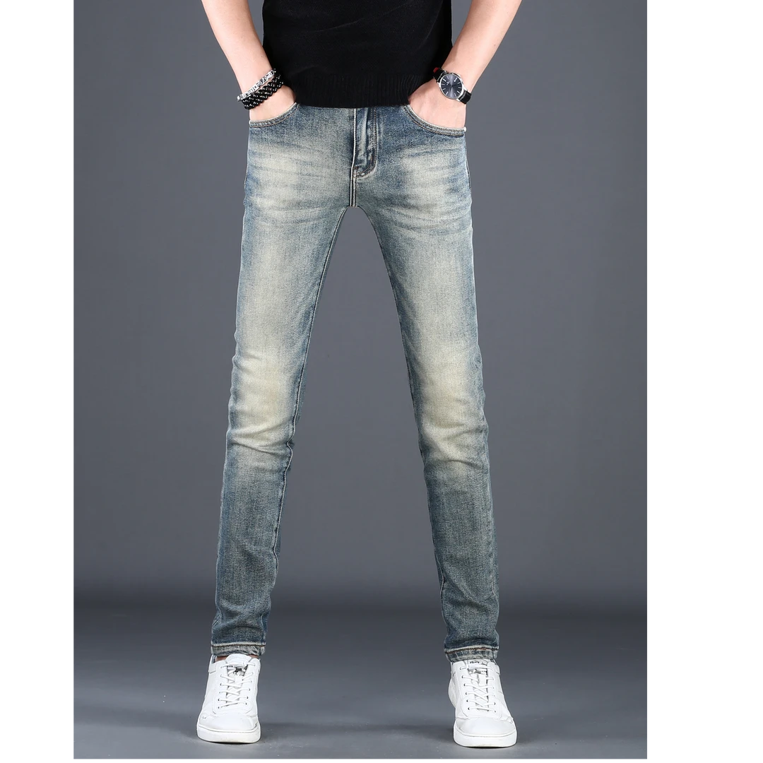 维斯克纳复古蓝色牛仔裤男款秋冬新款潮牌修身小脚裤弹力长裤爆款