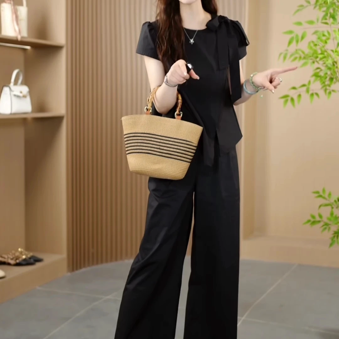 赫本风端庄大气修身显瘦百搭宽松套装女2025夏季新款阔腿裤两件套