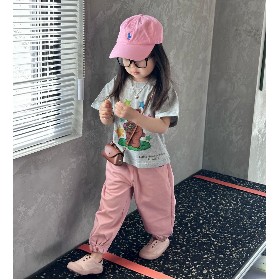 小惜亦女童夏季2025新款爆款休闲卡通套装灰色小熊短袖粉色卫裤