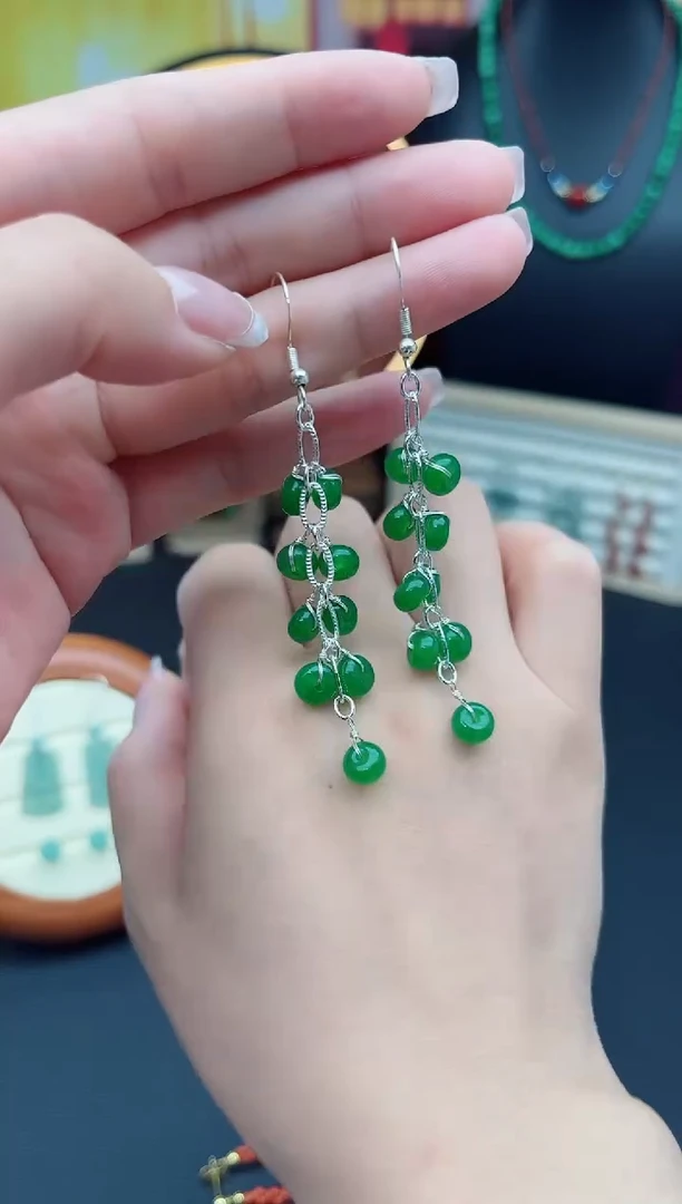 石英质玉（非洲翠）银S925镶嵌耳饰707000