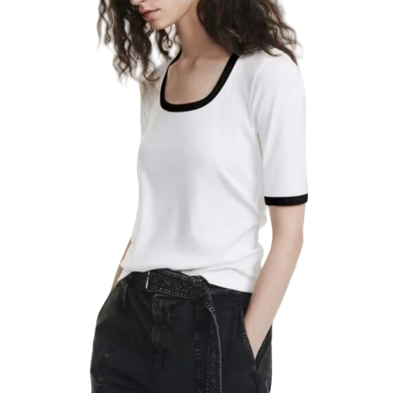 2025撞色美式镶边U领短袖LOGO正肩T恤-904