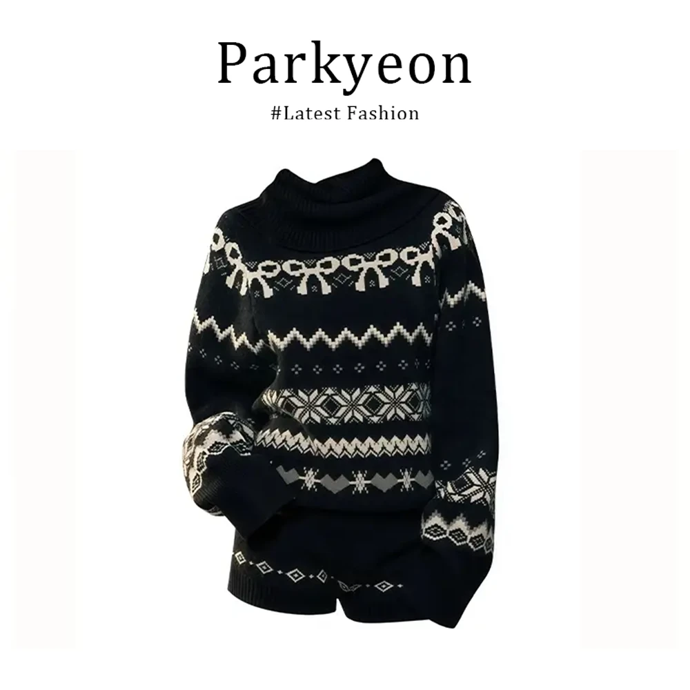 parkyeon辣妹风费尔岛高领针织毛衣条纹上衣短裤秋冬时尚两件套女