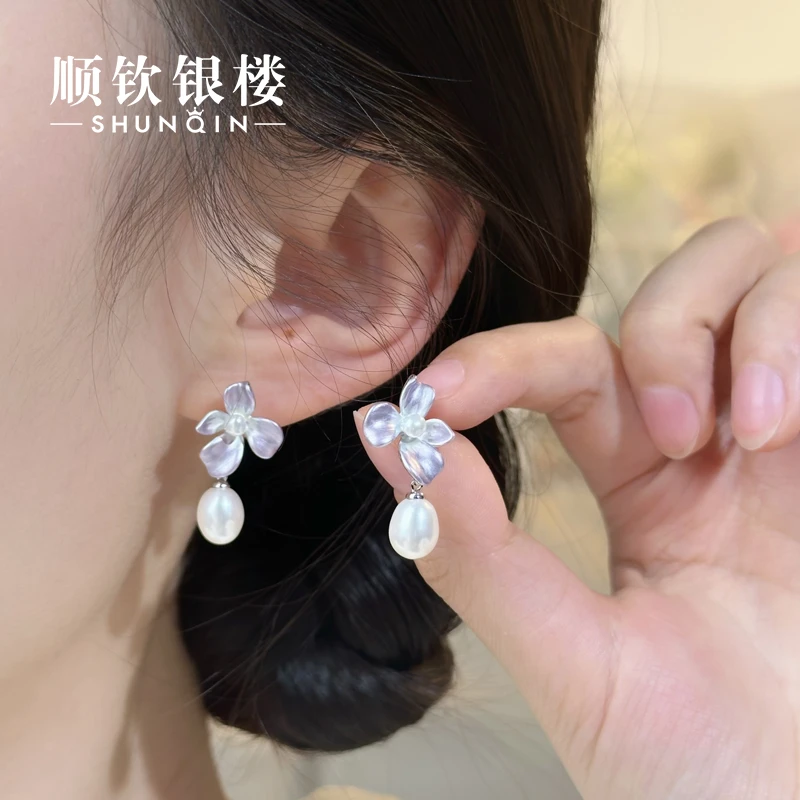 顺钦银楼 925银耳饰 【薇梦耳环】S925温柔甜美超仙紫色耳环百搭