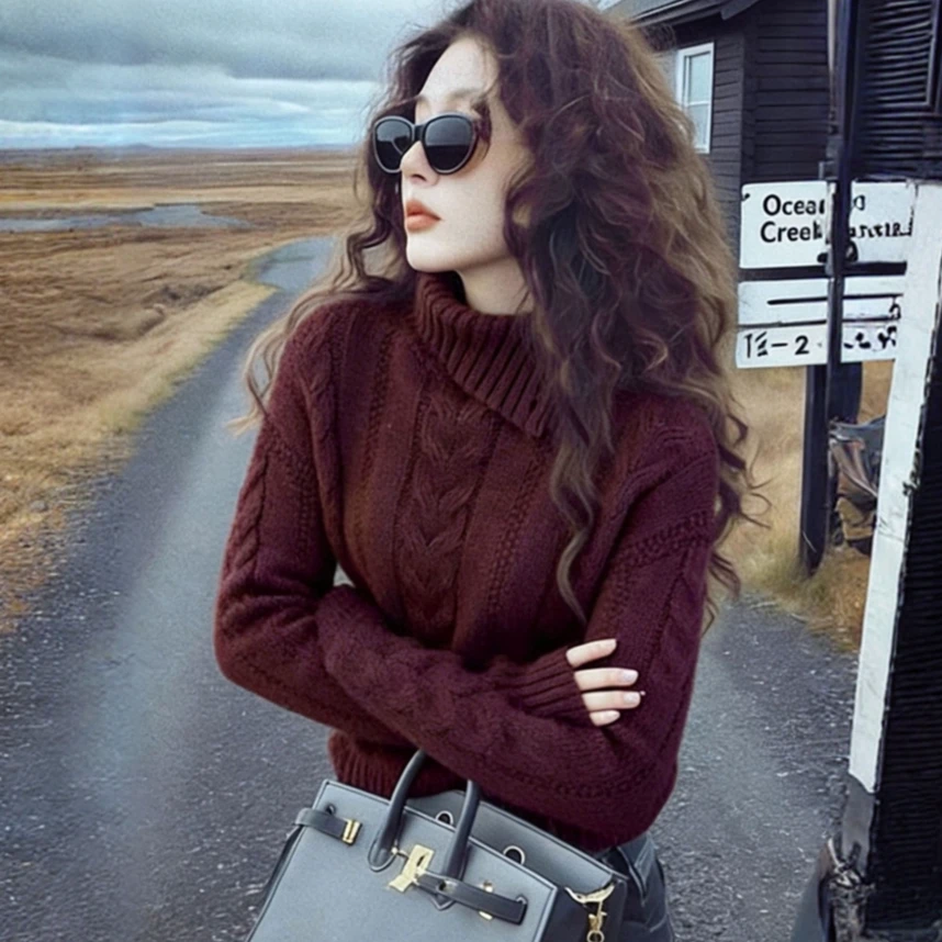 复古chic纯色不规则翻领麻花长袖毛衣针织衫女秋冬款别致减龄上衣