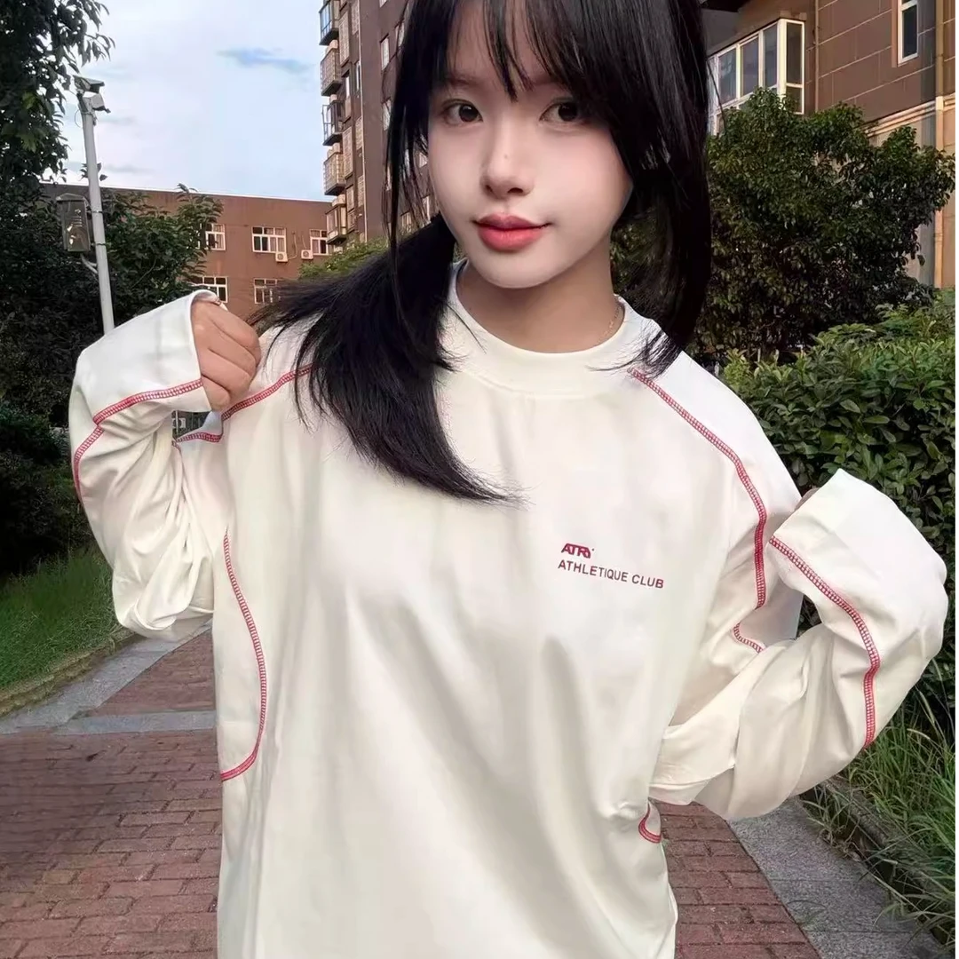 不规则针线韩系白色长袖T恤女2025春秋薄款纯棉打底美式休闲上衣