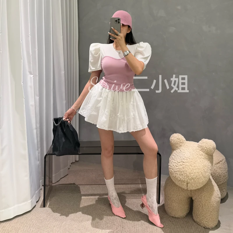 【满分心动】原单泡菜订制假两件拼色泡泡袖上衣