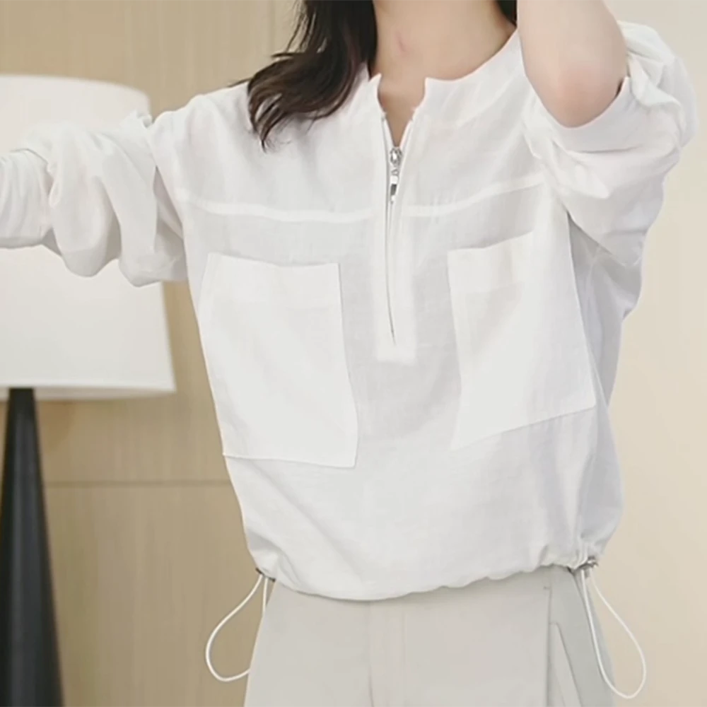 春夏新品时尚休闲圆领长袖洋气小衫薄款纯色百搭衬衫女
