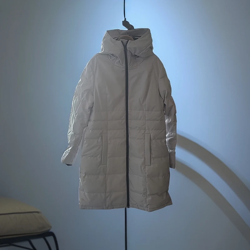 (微瑕介意慎拍）米灰色中长款连帽修身外套1566