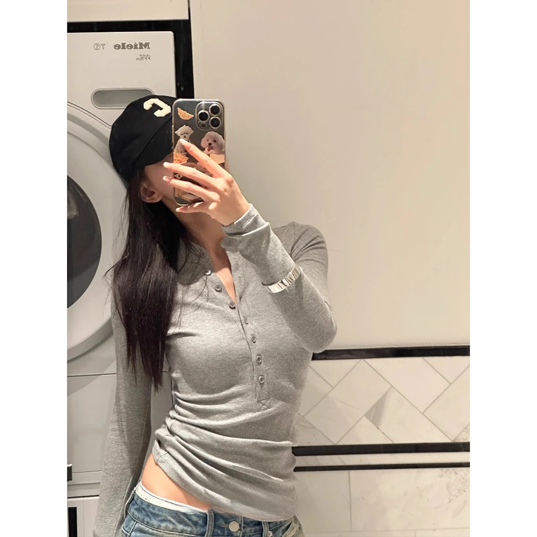 亨利领螺纹T恤女秋装女款爆款2025新款高级感灰色修身长袖上衣