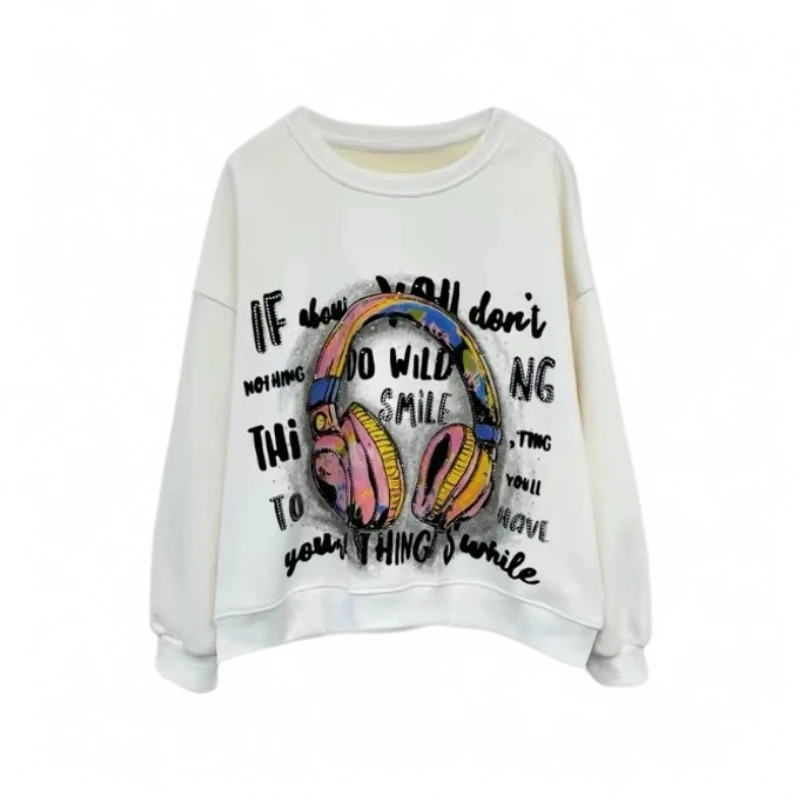 【 芳芳惊喜】烫钻耳机加绒加厚圆领长袖卫衣 2024秋冬百搭长袖上衣