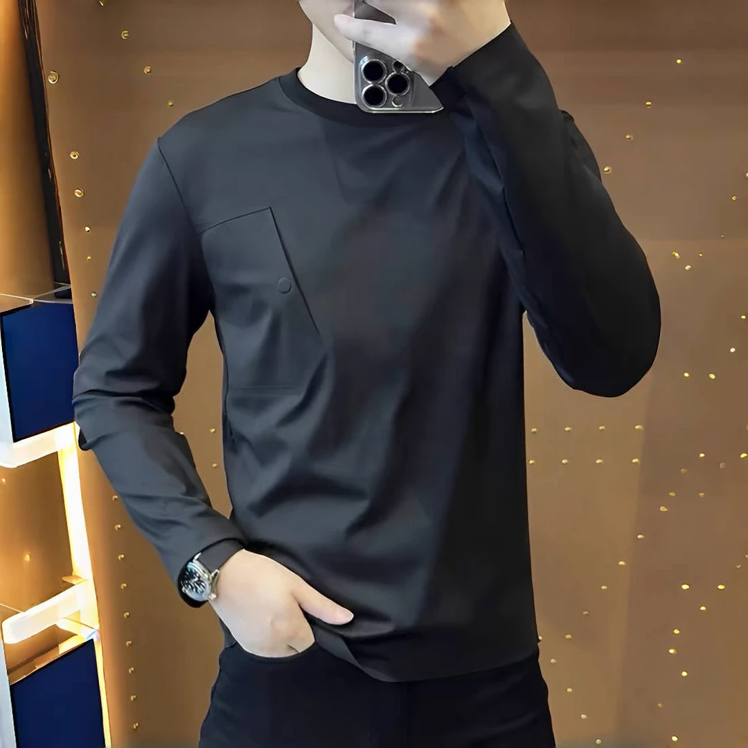 男春秋季款时尚休闲潮流气质纯色简约圆领百搭T恤高品质