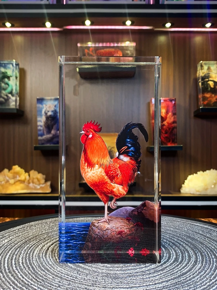 【外画公鸡】发光水晶砖摆件装饰品生日礼物玄关电视柜精美艺术品