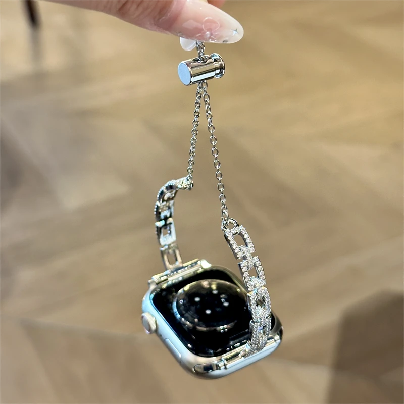 IKOK 适用于苹果iwatchs10表带applewatch轻奢高级方形镶钻手链