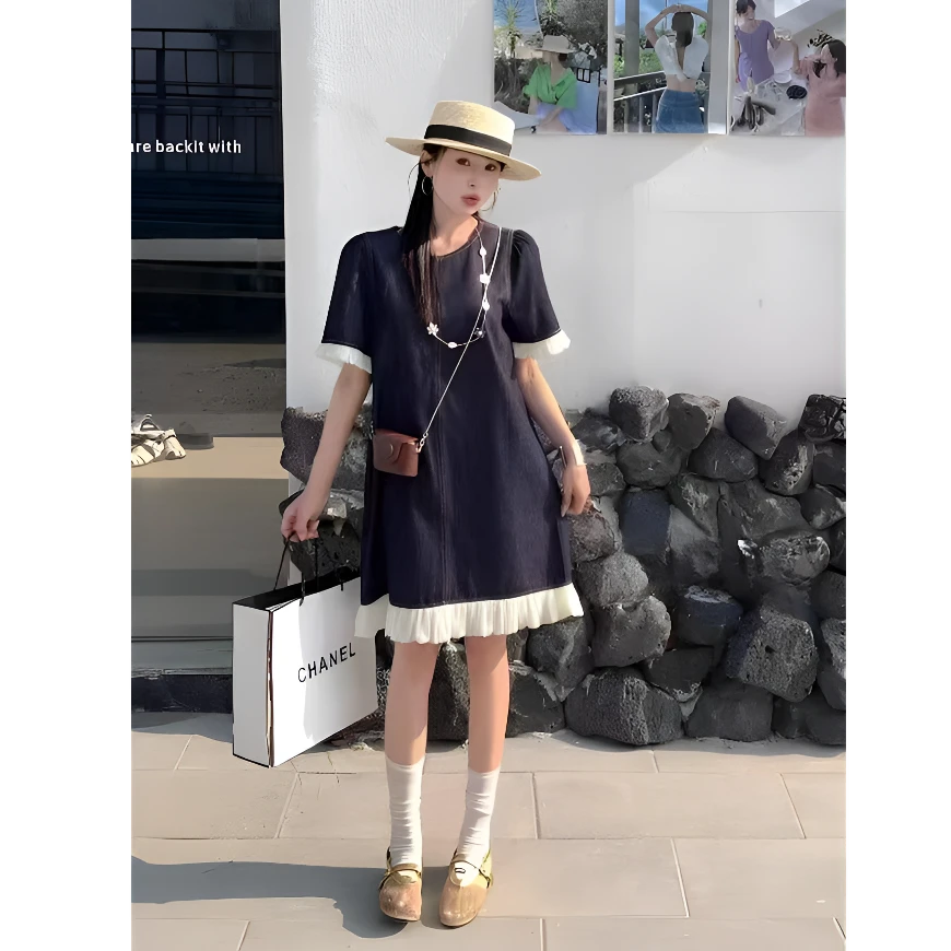 短袖连衣裙牛仔通勤百搭时尚拼接高腰圆领宽松女装裙子夏季法式