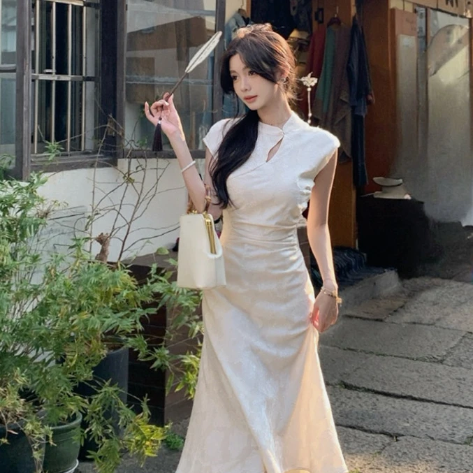 佐佐家小个子新中式网纱拼接改良旗袍长裙女春夏季不规则连衣裙子