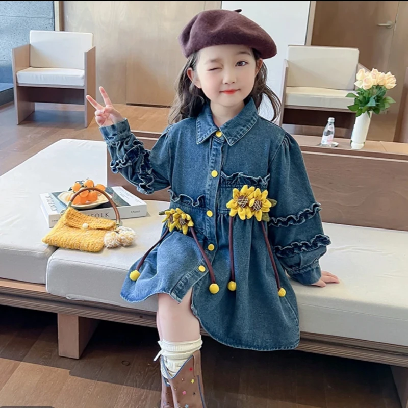 2025女童向日葵牛仔外套春秋季新款儿童洋气风衣外套AQA189